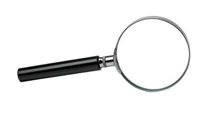 Overhead studio shot of a magnifying glass with black handle against a stark black background