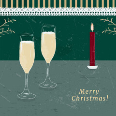Merry Christmas, hand drawn illustrations of champagne, holiday cocktails and candles.