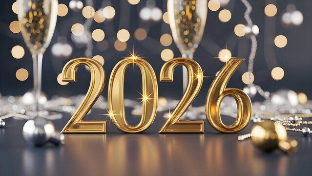 Golden numerals mark the moment: a shimmering transition into a hopeful 2026, surrounded by festive elegance.
