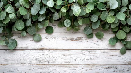 Fresh eucalyptus sprigs on distressed white wood background.  Possible use  Greeting card design, blog post imagery, or social media content