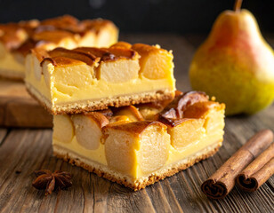 pear custard bars on a wooden background