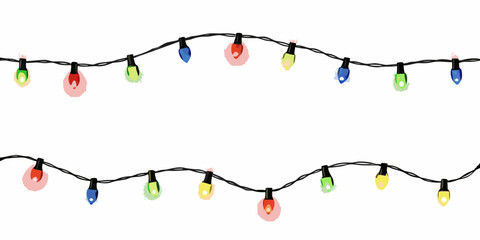 Vector set of realistic glowing colorful hanging Christmas lights.