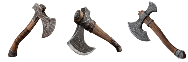 Set of A 3D-rendered antique wall axe décor piece with aged bronze finish, elegant ornamental patterns transparent png background. Ai generated