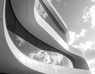 Modern architectural structure with curved lines, reflecting sky and clouds in monochrome