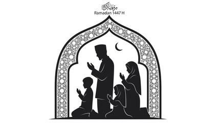 Muslim family praying together during Ramadan, depicted in a black and white silhouette graphic with an ornate arch and crescent moon.