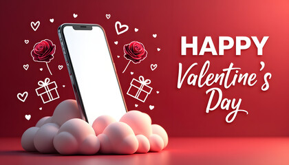 Valentine's Day greeting with smartphone, hearts, roses, and gifts on red background