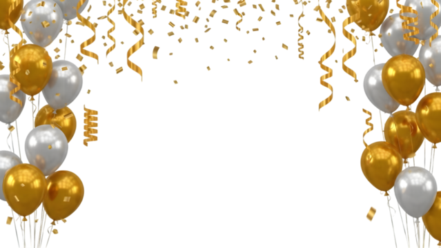 Festive balloons and confetti frame isolated on transparent background