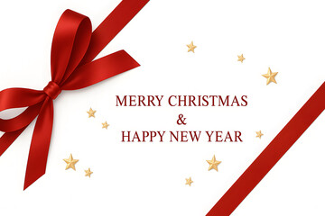クリスマス, 新年, メリークリスマス, ハッピーニューイヤー, 緑の背景, 赤いリボン, ギフトラッピング, プレゼント, フェスティブ, 装飾, ゴールドスター, 星, お祝い, リボン, 弓, 高級感, テクスチャー背景, シーズン, 冬, グリーティングカード, メッセージカード, 祝福, バナー, デザインテンプレート, 横長, ホリデーシーズン, おしゃれ, モダン, 伝統, 贈り物,
