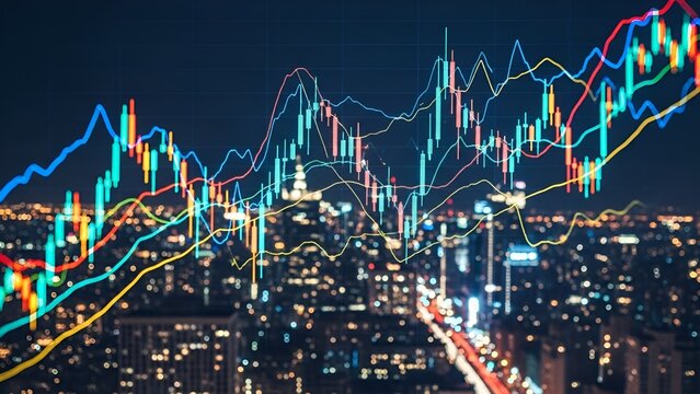 Financial analysis and investment concept represented by digital graphs over cityscape - Powered by Adobe