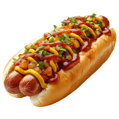 Loaded hot dog on a bun isolated image