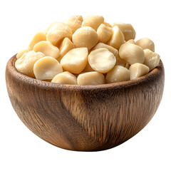 Macadamia nuts in wooden bowl isolated image food product healthy snack