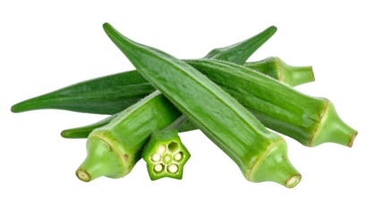 Close-up of several fresh, vibrant green, elongated pods, one sliced open, on a transparent background