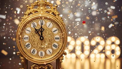 A lavish golden clock, its hands poised at midnight, set against a sparkling festive backdrop to welcome 2026.
