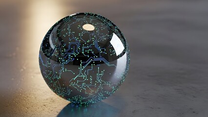 Polished chrome sphere adorned with intricate digital circuit patterns, symbolizing technological advancement and global connectivity.