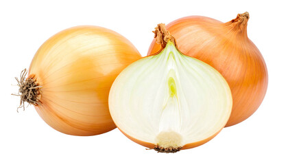 Fototapeta premium Three onions, one sliced, revealing layers, with brown-yellow skin, isolated on black