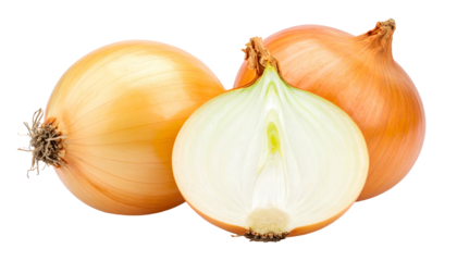 Three onions, one sliced, revealing layers, with brown-yellow skin, isolated on black