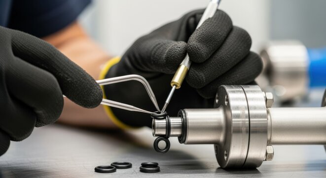 Hands using specialized tools to replace damaged seals and Orings on a multiturn stop valve stem improving sealing and performance.