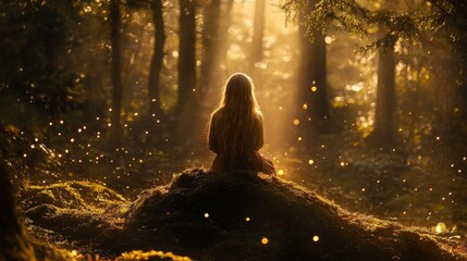 Obraz premium A serene figure sits in a glowing forest. Sunlight shines through trees, creating a magical atmosphere with floating lights.