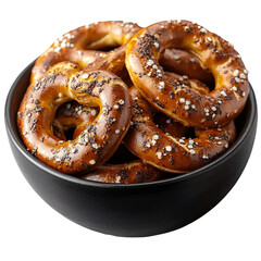Many golden brown pretzel rings in bowl