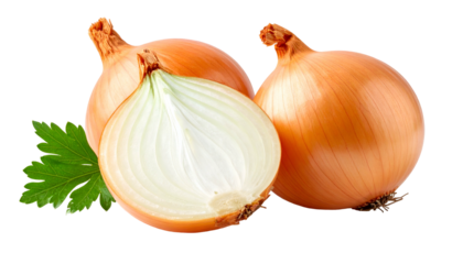 Three onions, one sliced open showing concentric rings, and parsley on black background