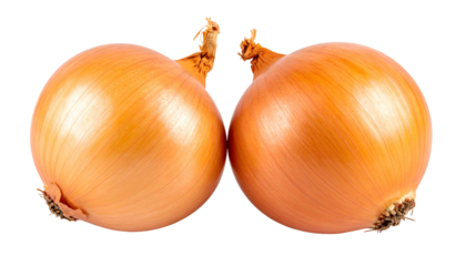 Close-up of two bulb-shaped vegetables, golden-brown skin, isolated on black background