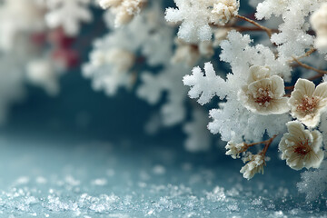A close up shot of frosted flowers and ice crystals on a blue surface in a wintery scene view