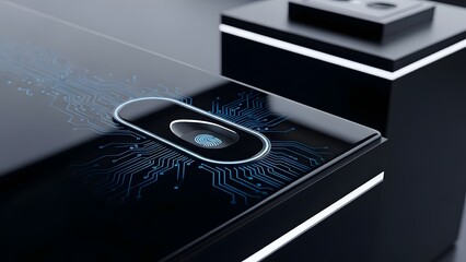 Futuristic biometric fingerprint scanner integrated with glowing blue circuitry for secure digital identification and access.