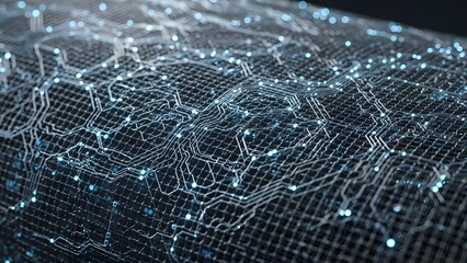 Intricate digital network of glowing blue lights and electronic circuits, symbolizing technological advancement and data flow