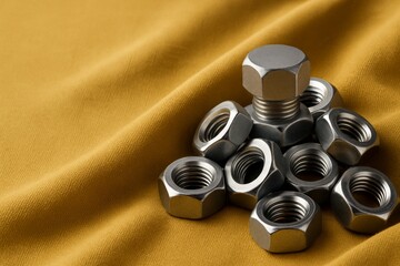 A collection of metallic nuts is stacked in a pyramid on soft mustard fabric, highlighting their shiny surfaces and detailed threading, perfect for industrial themes