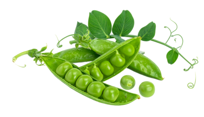 Close-up of open pea pods, vibrant green peas, and fresh leaves against a black background