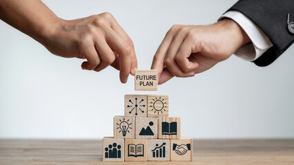 Hands Building Future Plan Strategy With Wooden Blocks