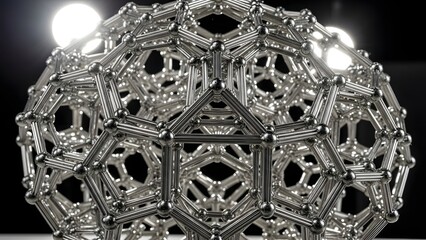 Intricate metallic geometric lattice sphere showcasing scientific molecular structure and futuristic design