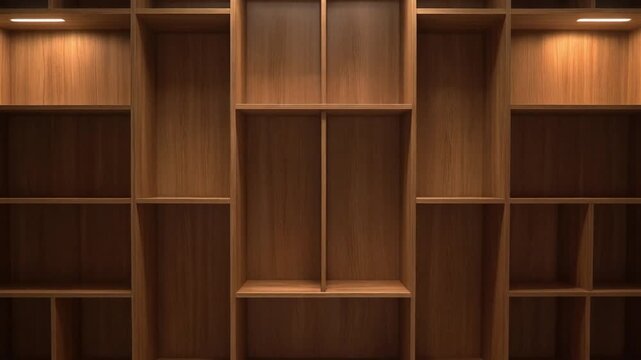 Modern wooden shelving unit with multiple compartments and subtle lighting in a minimalist interior design