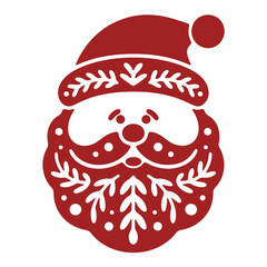 Illustration of a santa claus face with a decorative beard and hat in a festive red color scheme