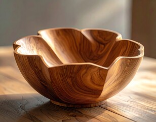 Close-up of a wooden decorative bowl with a unique scalloped edge, showcasing wood grain