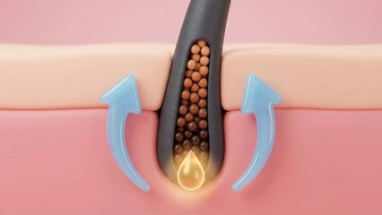 A skin cross section with dark follicle, gold oil drop and blue arrows showing clean flow and oil and dead skin cells balance