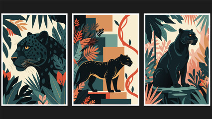 Fototapeta premium Contemporary Graphic Art Set Featuring Elegant Black Panthers Amidst Vibrant Tropical Foliage - Dynamic Jungle Wildlife Illustrations