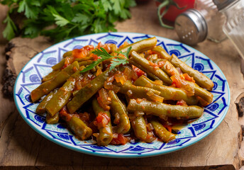 Traditional delicious Turkish food; Green beans with olive oil; Turkish name; Zeytinyagli taze fasulye