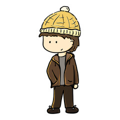 Isolated young boy in hoodie and beanie hat cartoon illustration 