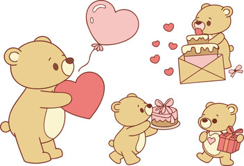 Cute cartoon bears celebrating love with gifts, cake, and hearts