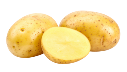 Three potatoes, one halved, showing exterior skin and cut flesh against black backdrop