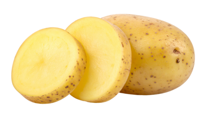 Close-up of a cut potato with two slices, showing interior and textured skin