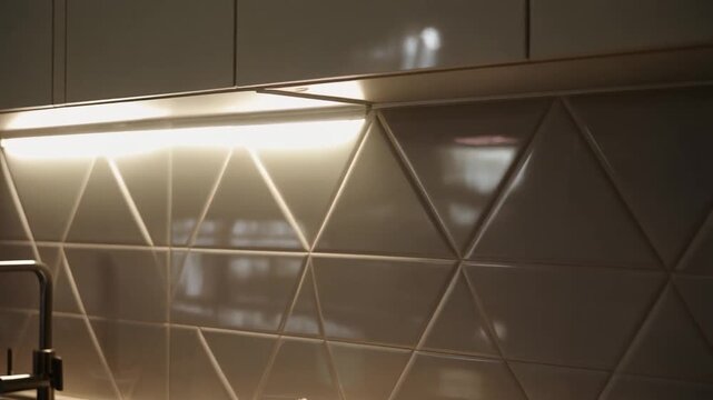 A geometric kitchen backsplash with elongated ceramic tiles, under-cabinet lighting, and reflective glaze catching soft highlights.
