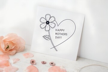 Hand drawn happy mothers day card with flower and heart design