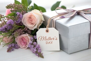 Elegant mother s day gift with roses and silver wrapped present