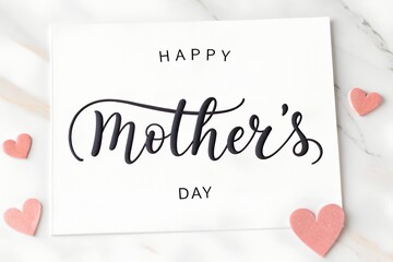 Elegant mother s day card with pink hearts on marble background