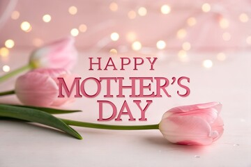 Happy mother s day with pink tulips and bokeh lights background