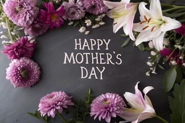 Happy mothers day floral arrangement with dahlias and lilies on dark background