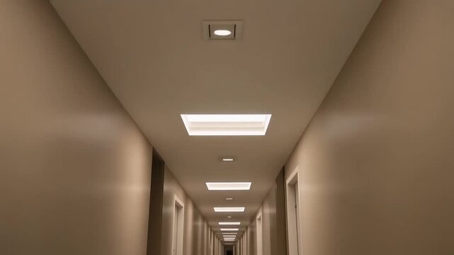 A long residential hallway with seamless ceiling panels, linear recessed lighting, smooth wall textures, and gentle shadow gradients stretching depth.