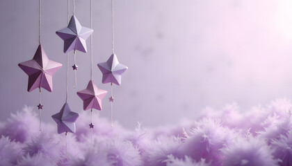 Dreamy purple stars hanging above soft, fluffy lavender clouds